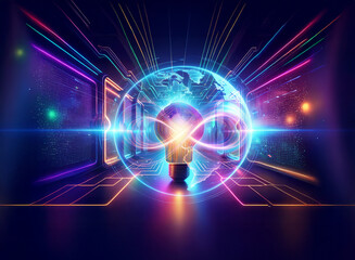 Obraz premium A vibrant double exposure image shows a glowing globe emitting radiant lines in a futuristic, neon-lit digital space, creating a sense of technological energy and connection.