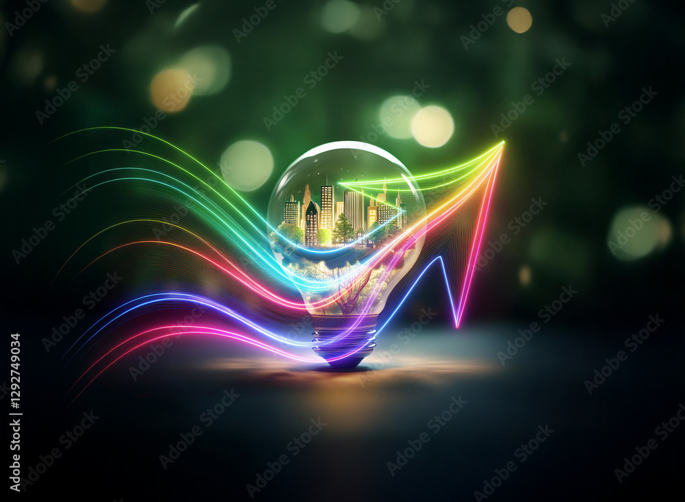 Poster double exposure image of a lightbulb containing a city. colorful glowing lines flow upwards around i