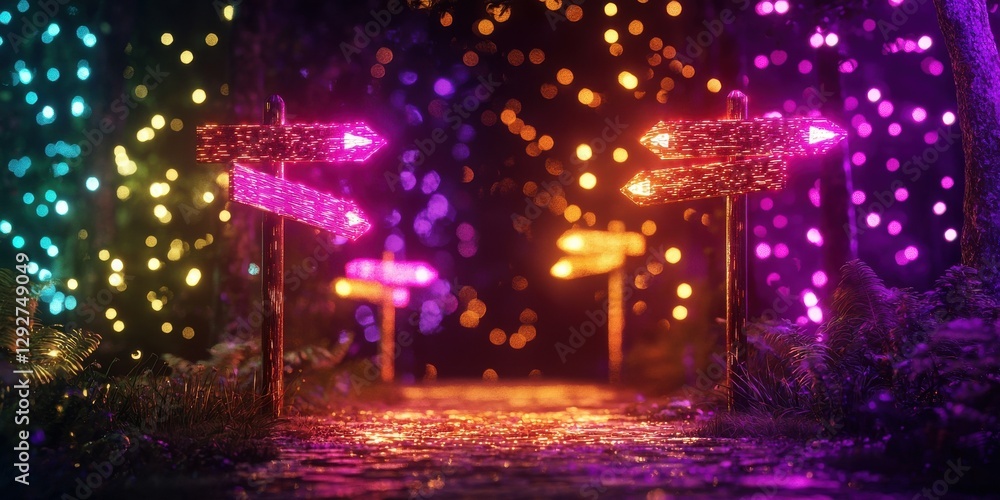 Poster a vibrant, illuminated path with colorful signs and glowing lights, creating a magical and inviting 