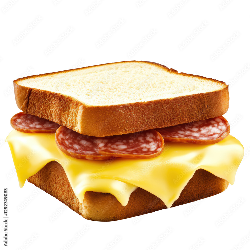Poster a delicious sandwich layered with cheese and sausage perfectly arranged on a plate ready to be enjoy