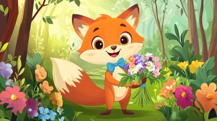Fototapeta premium A cheerful cartoon fox wearing a bowtie and holding a bouquet of flowers in a vibrant forest