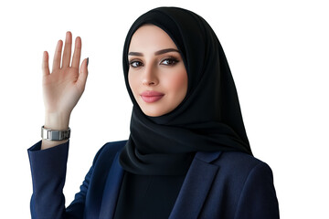 Naklejka premium Arab businesswoman in a sleek black hijab and a stylish navy-blue blazer, raises her one hand in a polite wave, isolated on a white background.