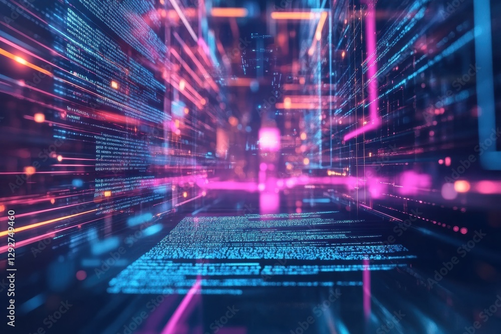 Poster Dynamic visualization of data streams in a technology inspired abstract environment with vibrant colors and lines. Generative AI