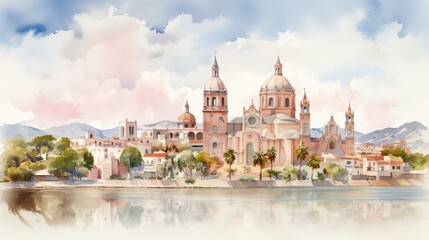 Fototapeta premium Watercolor View of Rosa de Lima Cathedral on August 24th