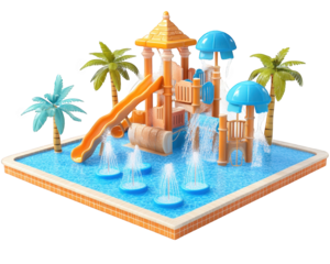 vibrant water playground featuring splash pads, fountains, and slides surrounded by palm trees, perfect for summer fun and family enjoyment