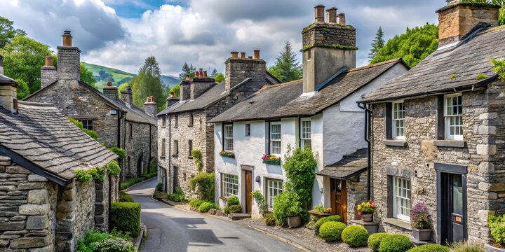 Traditional English village street in Hawkshead, Lake District UK with stone cottages and slate roofs, picturesque village, rustic