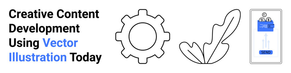 Gear, feather, and smartphone-thumbs up screen elements for innovation, creativity, tech solutions, content creation. Ideal for tech, design, education marketing startups teamwork flat landing