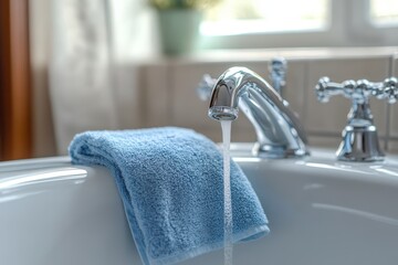 Wiping a tub faucet with a microfiber cloth to eliminate limescale with a blurred background