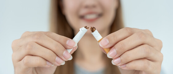 No smoking. Woman stop smoke, refuse, reject, break take cigarette, say no. quit smoking for...