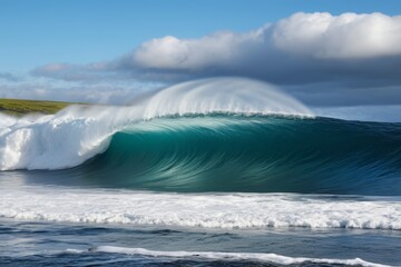 surfers are riding a large wave in the ocean on a sunny day