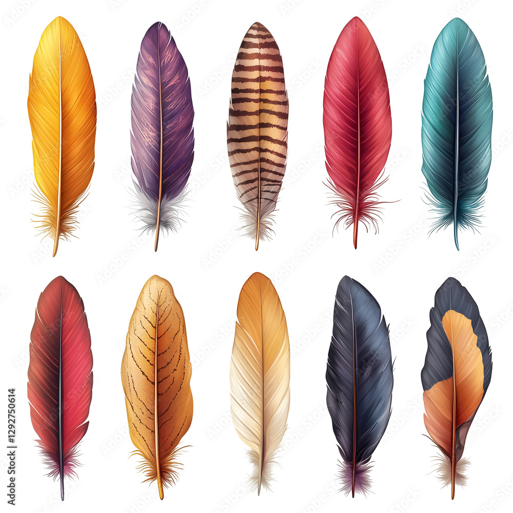 Poster twelve colorful bird feathers design set art decor style isolated on transparent background
