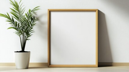 A photo of an empty wooden frame mockup, standing on the floor next to a potted plant with a white wall background. A square-shaped frame stands upright against a plain white wall.