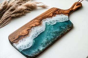 Wooden cutting board with epoxy ocean design on white backdrop