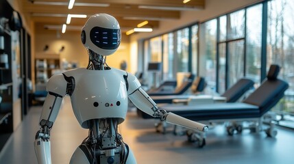 Fototapeta premium White Robot In Modern Medical Facility. Keywords robot, medical, healthcare, technology, future