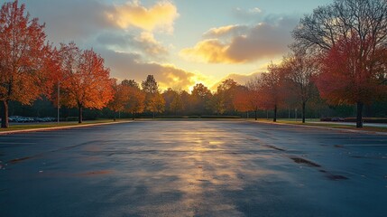Autumn parking lot at sunset. Empty parking area with colorful trees. Ideal for business or leisure stock photo