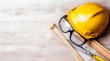 Safety helmet, glasses, blueprints on wood. Construction planning