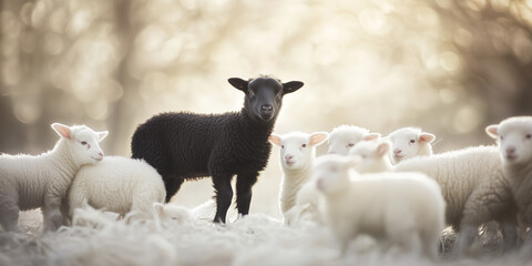 A striking pure black lamb stands confidently among a group of fluffy white lambs, embodying individuality, contrast, and uniqueness in a serene, sunlit meadow.