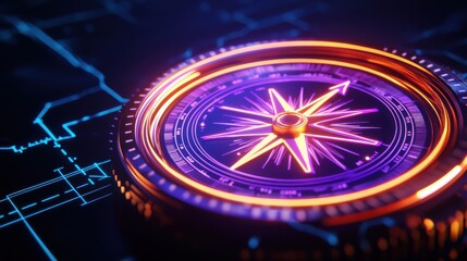A vibrant digital compass with neon colors, set against a futuristic circuit background, symbolizing navigation and technology.