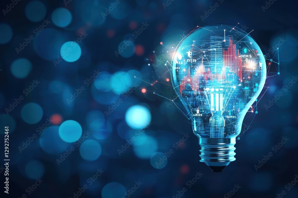 Poster a glowing light bulb composed of digital elements and data visualizations against a blue background,