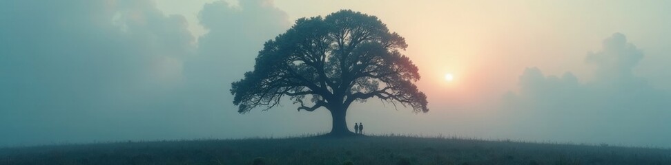 Ancient oak silhouette, shrouded in dense fog , moody, grey