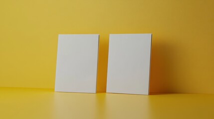 A4 white card stock, 20 x 35 cm in size. Two A4 cards standing next to each other on a yellow background. The first one is square-shaped, and the second is rectangular