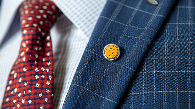 Elegant blue suit with patterned tie and decorative lapel pin. combination showcases sophisticated style suitable for formal occasions