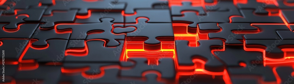 Poster a close-up of a dark puzzle with glowing red edges, creating a striking visual contrast and an intri