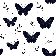 Photo sur Plexiglas Elegant black butterfly and branch seamless pattern design art ink dark white light print style decor