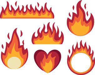 Cartoon Fire Vector Set with Flames in Various Shapes: Heart, Circle, Line, and Arcs