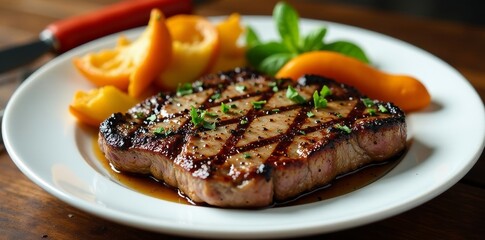 Grilled steak, herbs, roasted vegetables, white plate, steak, stockphoto
