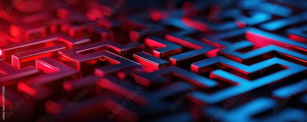 Poster a close-up view of an intricate, illuminated maze design featuring vibrant red and blue colors, show