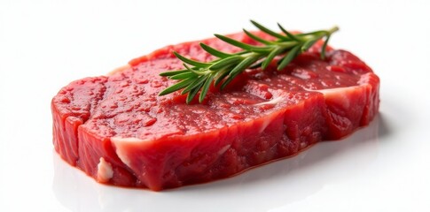Juicy raw beef steak, rosemary sprig, white backdrop, rosemary, meat