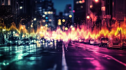 Obraz premium Vibrant urban pulse visualized with sound waves above busy street at night. Generative AI