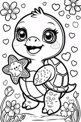 Happy Baby Turtle Smiling in a Vibrant Garden Full of Flowers Black Line Art for Childrens Book Cover or Fun Kids Activity Page Drawing Illustration with Heart and Flowers Garden