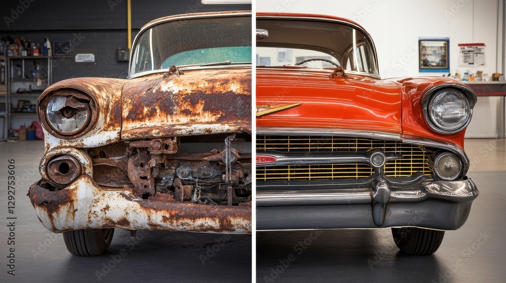 Poster classic car transformation showcasing wear and restoration in a workshop setting with contrasting ae