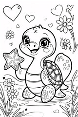 Fototapeta premium Joyful Baby Turtle Smiling in a Beautiful Garden Full of Flowers Black Line Art for Kids Book or Fun Childrens Activity Coloring Page Drawing Illustration with Heart and Flowers Garden
