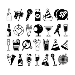 Party Celebration Icon Set Black and White Vector Illustrations