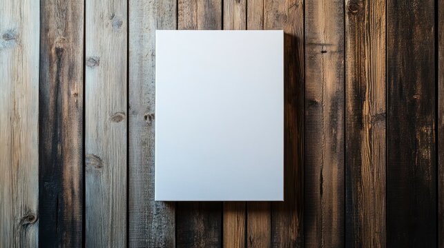 White blank canvas mockup, 24x36 inches in size with a wooden wall background, close-up shot and natural lighting
