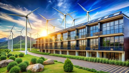 Fototapeta premium Modern Eco-Friendly Apartment Complex Powered by Wind Turbines and Solar Panels at Sunset
