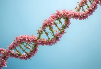 Floral DNA Helix Against Blue Sky: Abstract Genetic Concept with Pink Blossoms for Science and Nature Imagery.