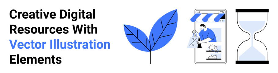 A leaf, a mobile shopping scene, and an hourglass convey digital creativity, sustainability, online business, time management, modern design, innovation and productivity. Ideal for flat landing page