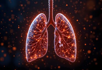 Glowing Lungs Illustration: Detailed, Abstract View of Respiratory System with Veins and Orange Light Effects on Dark Background for Medical Concepts.