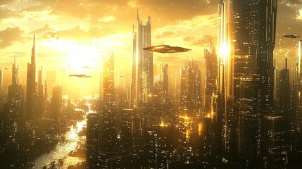 Golden Cityscape: Futuristic Urban Sunset