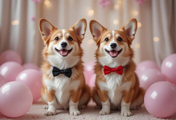 Adorable Corgi Dogs in Bow Ties Sitting with Pink Balloons, Perfect for Celebrations, Parties, or Festive Themes