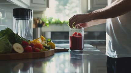 Hypertension patient preparing a healthy smoothie in the kitchen. Featuring nutritious food and wellness