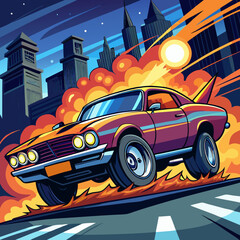 Classic Car with Jet Engine Racing Through City at Night

