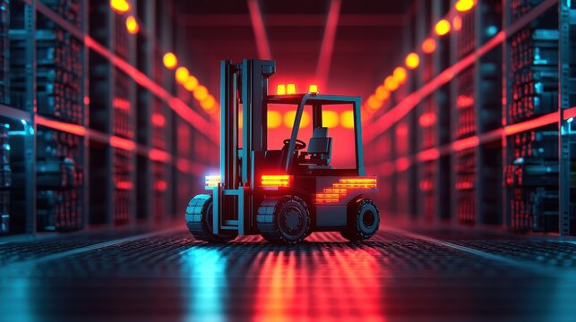 Autonomous robotic forklift transports cargo in futuristic warehouse logistics environment advanced technology for seamless transportation