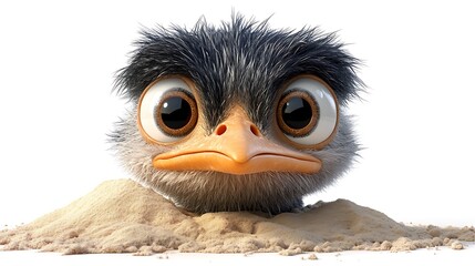 Fototapeta premium Cute cartoon ostrich character emerging from sand digital art whimsical style