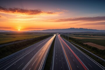 arafed highway with cars on it at sunset with mountains in the background