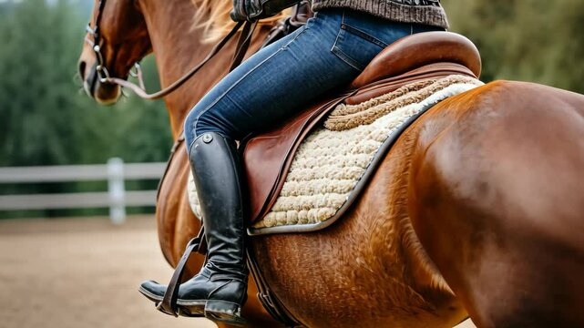Equestrian rider on a well-groomed horse in a training arena during late afternoon